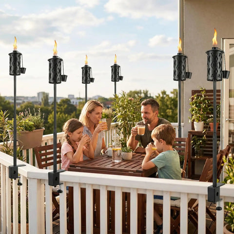 6 Pack Garden Torch With Universal Clamp, 16 Oz Citronella Oil Outdoor Torches and happy family on a balcony.