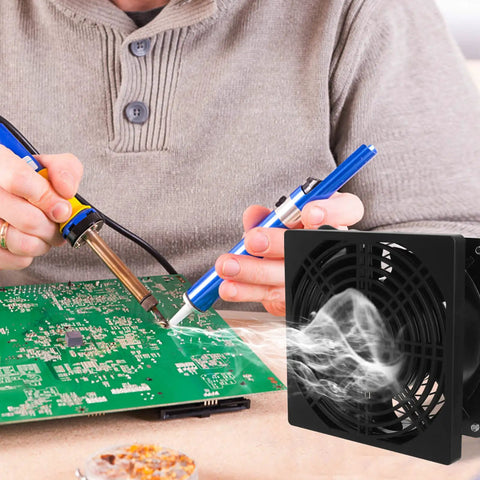 Portable Solder Fume Extractor With Strong Suction, Includes Four Activated Carbon Filters, in use during electronics soldering.