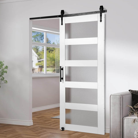 Glass Sliding Barn Door With Solid Wood Frame 30 By 84 In Includes 5.5Ft Sliding Door Hardware Kit With Handle And Floor Guide
