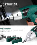 Straight Up 3.6V USB Rechargeable Electric Screwdriver Cordless Automatic Driver in hand with LED work light and bit set.