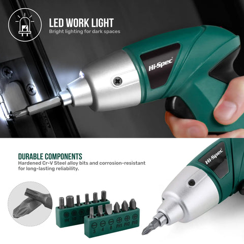 Straight Up 3.6V USB Rechargeable Electric Screwdriver Cordless Automatic Driver in hand with LED work light and bit set.
