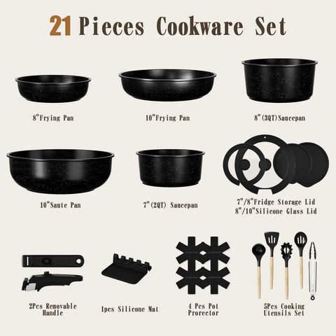 21-Piece Detachable-Handle Nonstick Cookware Set With Granite Coating For Healthy Cooking, various pots, pans, and lids layout