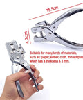 Beefy Heavy Duty 5mm Hole Punch And Eyelet Riveting Pliers Set with 200 silver rivets, showing dimensions and material compatibility