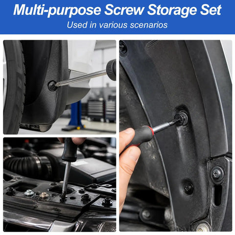 Close-up of 160 Piece Universal Car Body Panel Screws And Fasteners Kit used for bumper and hood repairs in various applications.