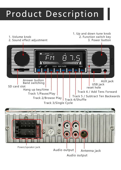 7 Inch Bluetooth Car Stereo Receiver with FM Radio, USB SD AUX Playback, Hands Free Calling, front and back view with labels