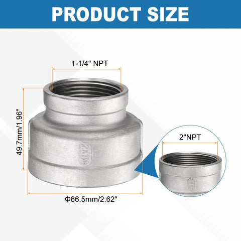 Two Inch By One And Quarter Inch NPT Female Reducing Coupling 304 Stainless Steel Pipe Fitting For Water Oil Gas Applications