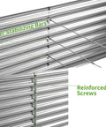 Close-up of Two Pack 8x4x2ft Galvanized Raised Garden Bed Kit showing reinforced screws and inner stabilizing bars, weatherproof silver finish.