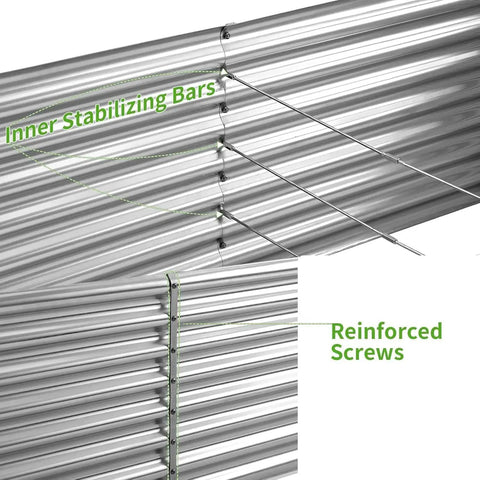 Close-up of Two Pack 8x4x2ft Galvanized Raised Garden Bed Kit showing reinforced screws and inner stabilizing bars, weatherproof silver finish.