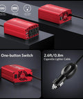Heavy Duty Car Power Inverter Converts 12V DC To 110V AC With Dual US Socket Outlets, showing ports and cables.