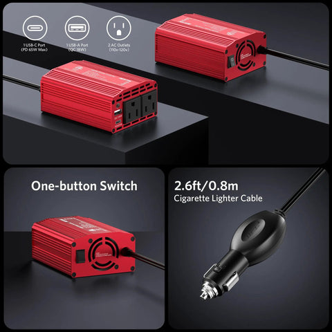 Heavy Duty Car Power Inverter Converts 12V DC To 110V AC With Dual US Socket Outlets, showing ports and cables.