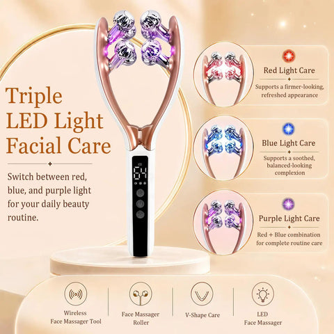Wireless Face Massager With 8 Roller 3D Face Roller LED Light Therapy Massager showing LED settings on LCD display