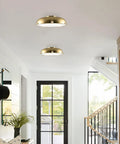 Mid Century Modern Gold Semi Flush Ceiling Light With Frosted Glass Diffuser 3 Light Low Profile Dome Fixture in hallway view
