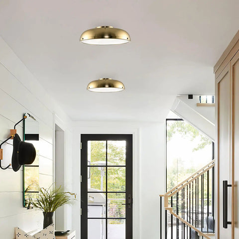 Mid Century Modern Gold Semi Flush Ceiling Light With Frosted Glass Diffuser 3 Light Low Profile Dome Fixture in hallway view