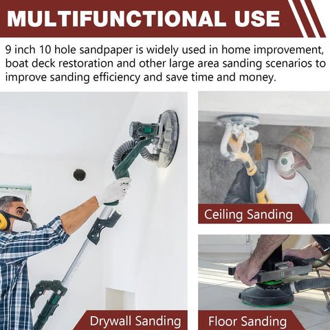 Pro Level 9 Inch 10 Hole Hook And Loop Sanding Discs Set With Free Foam Sponge For Drywall Refinishing, shown in ceiling, drywall, and floor sanding.