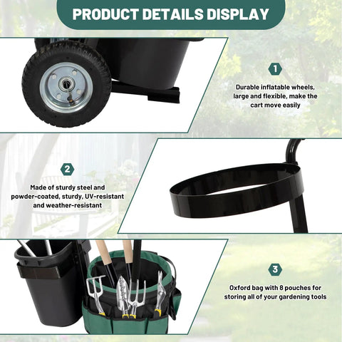 Heavy Duty Rolling Garden Cart With 5 Gallon Bucket, Oxford Bag With 8 Pouches, And 3 Gallon Basket; close-up details