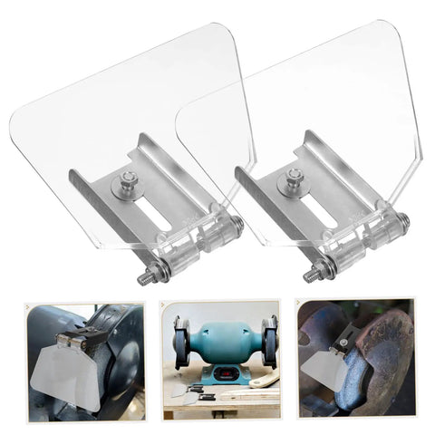 Eye Shield Dust Guard Attachment For Safety Guards, Clear Panel Shield Accessory To Protect Eyes From Sparks And Debris During Grinding, Durable 6.69 By 5.31 By 0.70 Inch Size, Workshop Safety Gear with stainless mounting bracket and transparent shield. Various angles show the shield attached to bench grinders in a workshop setting.