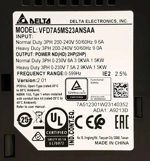 Label on Pro Grade 2HP/1.5kW Variable Frequency Drive VFD for 200-240V Input, 0-230V Output, 0-599Hz Control model VFD7A5MS23ANSAA