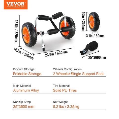 Foldable Aluminum Kayak Cart With 250 Lb Load Capacity And 10 Inch Solid Wheel Dolly, aluminum frame, solid tires, dimensions marked