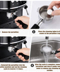 Espresso Machine Maintenance Kit With Water Filters And Cleaning Tablets, 4 Filters And 24 Tablets, Limescale Remover Descaler, Keeps Your Home Espresso Brewer Running Smooth And Flavorful. Cleaning steps shown