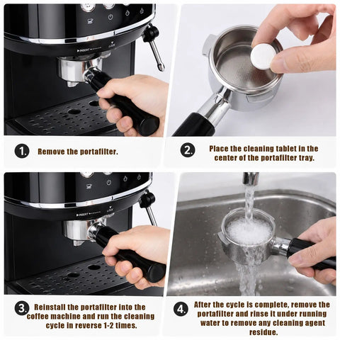 Espresso Machine Maintenance Kit With Water Filters And Cleaning Tablets, 4 Filters And 24 Tablets, Limescale Remover Descaler, Keeps Your Home Espresso Brewer Running Smooth And Flavorful. Cleaning steps shown