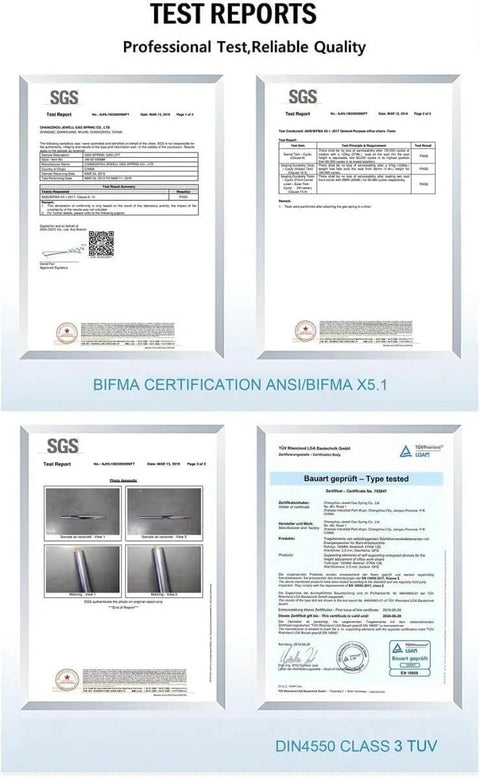 Test reports showing BIFMA and DIN4550 certification for Tall Gas Lift Cylinder Replacement For Drafting Chairs And Bar Stools Heavy Duty Hydraulic Pneumatic Piston Adjustable Height 18 To 28 Inches 2 Inch Outer Diameter Long Lasting Universal Fit For Task Chairs And Stools.