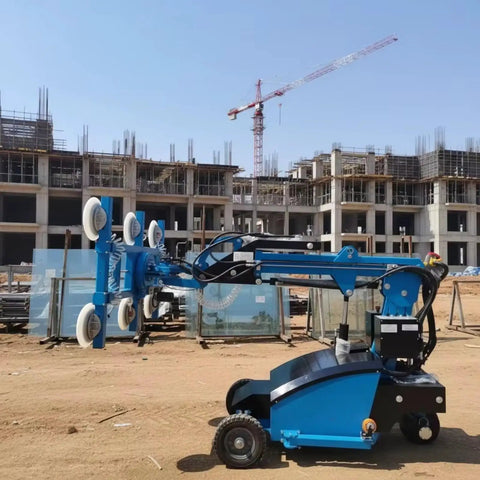 Straight Up Heavy Duty Electric Glass Vacuum Lifter With Bright Led Display And Real Time Pressure Monitor For No Hassle Pro Job Site Panel Installs And Knockout Construction Lifts on a construction site with glass panels.