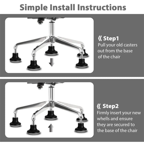 Installation guide showing Low Profile Bell Glides Office Chair Feet 5 Pack Replacement Caster Wheels To Fixed Castors