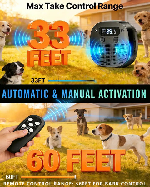 Ultrasonic Dog Bark Control Device With Sensor Tech, Remote, And Adjustable Modes For Indoor Outdoor Use, 33FT auto and 60FT remote range shown