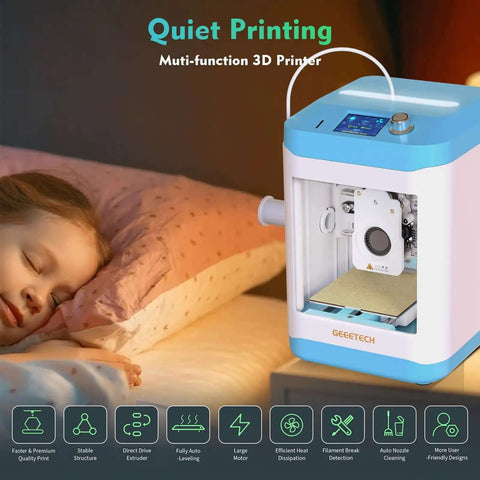 Kid Friendly 3D Printer For Beginners With Auto Leveling And Open Source Fast Printing displayed beside a sleeping child