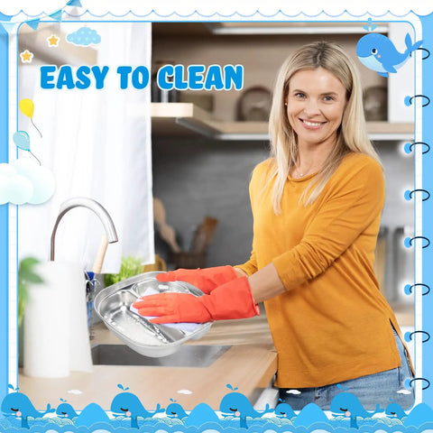 Woman cleaning Heavy Hitter 15 Piece Stainless Steel Kids Dinnerware Set with three compartment plates at a sink.