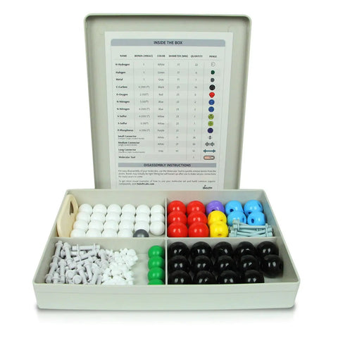 Organic Chemistry Model Kit For Students 125 Piece Hands On Learning Set With Color Coded Atoms in open box