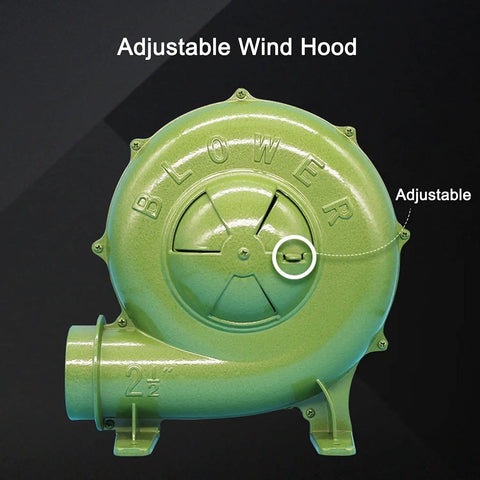 Heavy Duty Electric Air Bellow Pump For Bbq Fire Starter And Inflatable Bouncer Blower showing adjustable wind hood in green.
