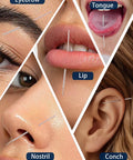 Close-up of body piercing locations showing eyebrow, nostril, lip, tongue, and conch with Pro Piercing Taper Kit With Ball Grabber Tool.