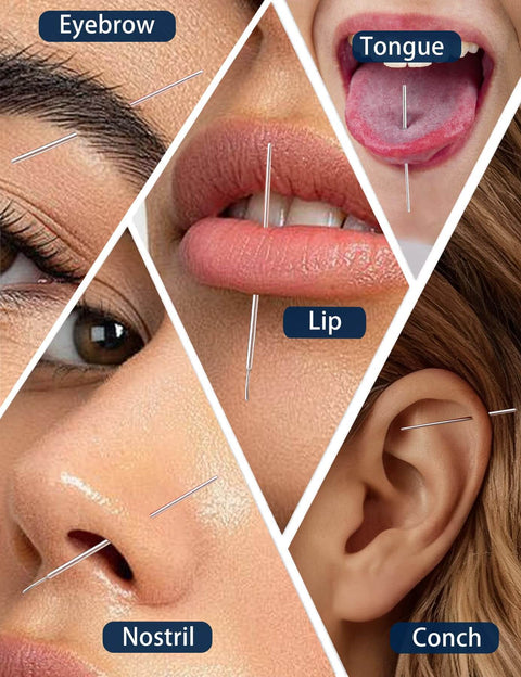 Close-up of body piercing locations showing eyebrow, nostril, lip, tongue, and conch with Pro Piercing Taper Kit With Ball Grabber Tool.