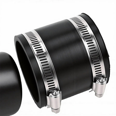 Upgraded 2.5 Inch Magnetic Dust Collection Connector With Quick Release Rubber Cuff Coupler showing black rubber material and metal clamps.