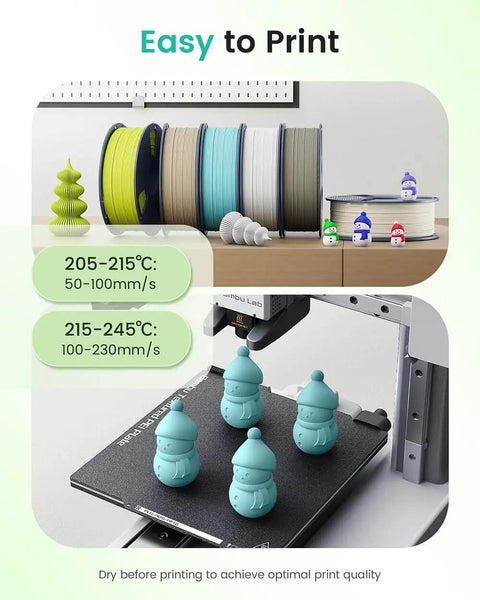3D printer with Matte PLA Filament 1.75mm Black 1kg printing blue models, spools in background, temperature guidelines displayed.