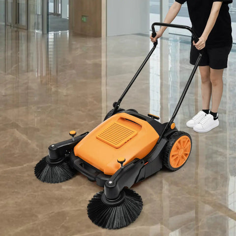 41 Inch Walk-Behind Floor Sweeper Hand Push Manual Dust Collector With 55 Litre Bin And Side Brushes For Warehouse Gym Concrete Heavy Duty Industrial Use Abs Nylon Construction