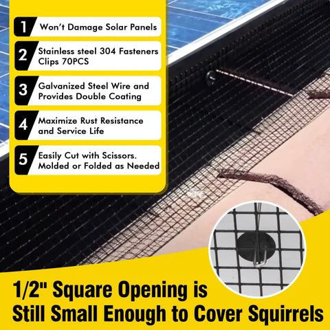 Hella Durable Solar Panel Bird Netting 8In By 100Ft Galvanized Mesh shown installed on solar panels with clips and markings.