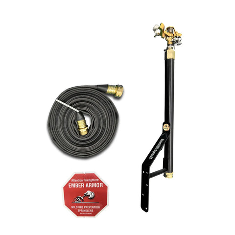 Wildfire Protection Sprinkler System With Bracket And Hardware, Includes 25 Ft Fire Resistant Hose, Powder Coated Steel, Easy To Install, Black Finish, Keeps Your Home Safe From Embers, shown with hose and hardware