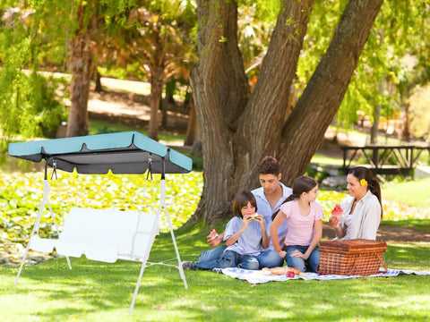 Durable 420D Oxford Canopy Replacement Cover for 2-3 Seater Outdoor Garden Swings in Sky Blue next to family picnic