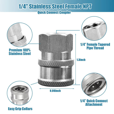 Two sets of 1/4" stainless steel NPT quick-connect couplers for pressure washers, male and female.