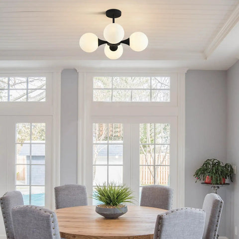 Mid Century Modern Semi Flush Mount Ceiling Light Fixture Farmhouse Black Globe Sputnik Chandelier With Four Milk Glass Globes