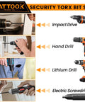 Premium Security Torx Bit Set With T Handle Ratchet Driver Forged From Industrial S2 Steel shown with various drill types.