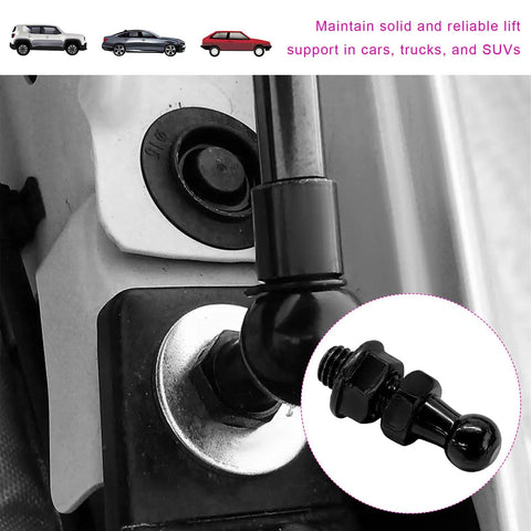 Four Pack 10mm Ball Stud Mounts For Gas Struts With Hardware Nuts 5 16 18 Thread 9 16 Inch Long Shank carbon steel black installed on vehicle panel