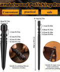 Two sandalwood polishing rods with dimensions for leather crafting, suitable for different leather thickness and perforations.