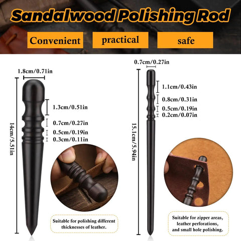 Two sandalwood polishing rods with dimensions for leather crafting, suitable for different leather thickness and perforations.