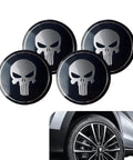 Badass American Flag Wheel Hub Cap Kit 4 Pack Slick Metal Center Hub Covers Legit Tough waterproof emblem stickers in black with skull design.