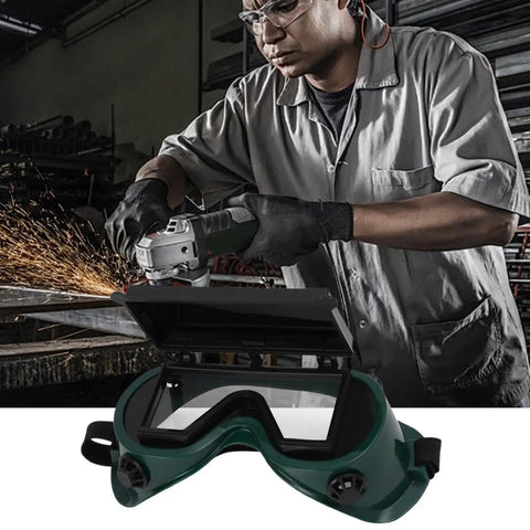 Heavy Duty Auto Darkening Welding Goggles With Snap Switch Lenses For Arc Cutting And Grinding shown with a worker grinding metal.