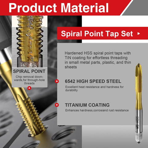 Close-up of 7 Piece Spiral Point Tap Set M2 to M6 Titanium Coated High Speed Steel 6542 for precision metal threading