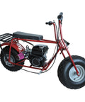 Red mini bike with Stage 2 Beefed Up Carburetor Exhaust Muffler Kit for Predator 212cc engine, showing side view.